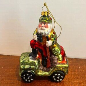 Robert Stanley Glass Ornament Hunting Santa in Camo Jeep with Binoculars Dog